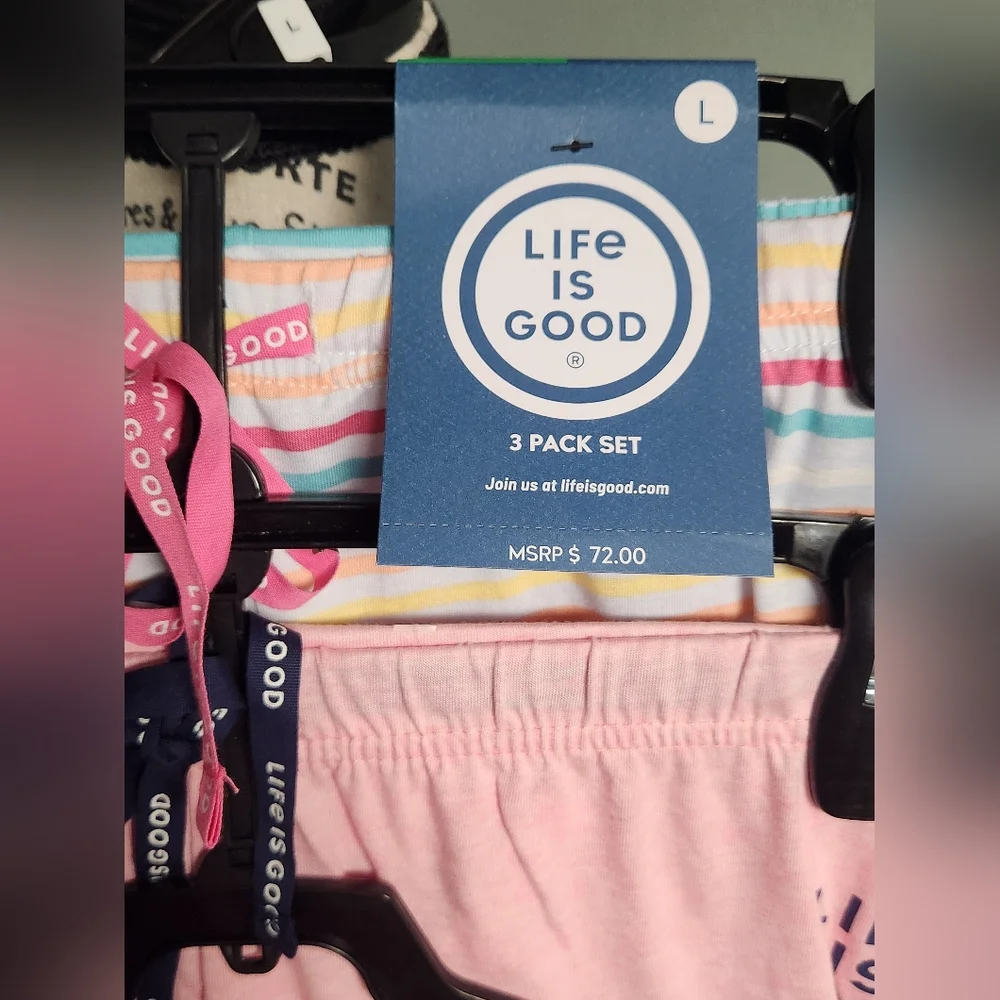 Life is Good Blueish Purple T-Shirt and Pink Shorts And Stripped Pants Set - Picture 2 of 4